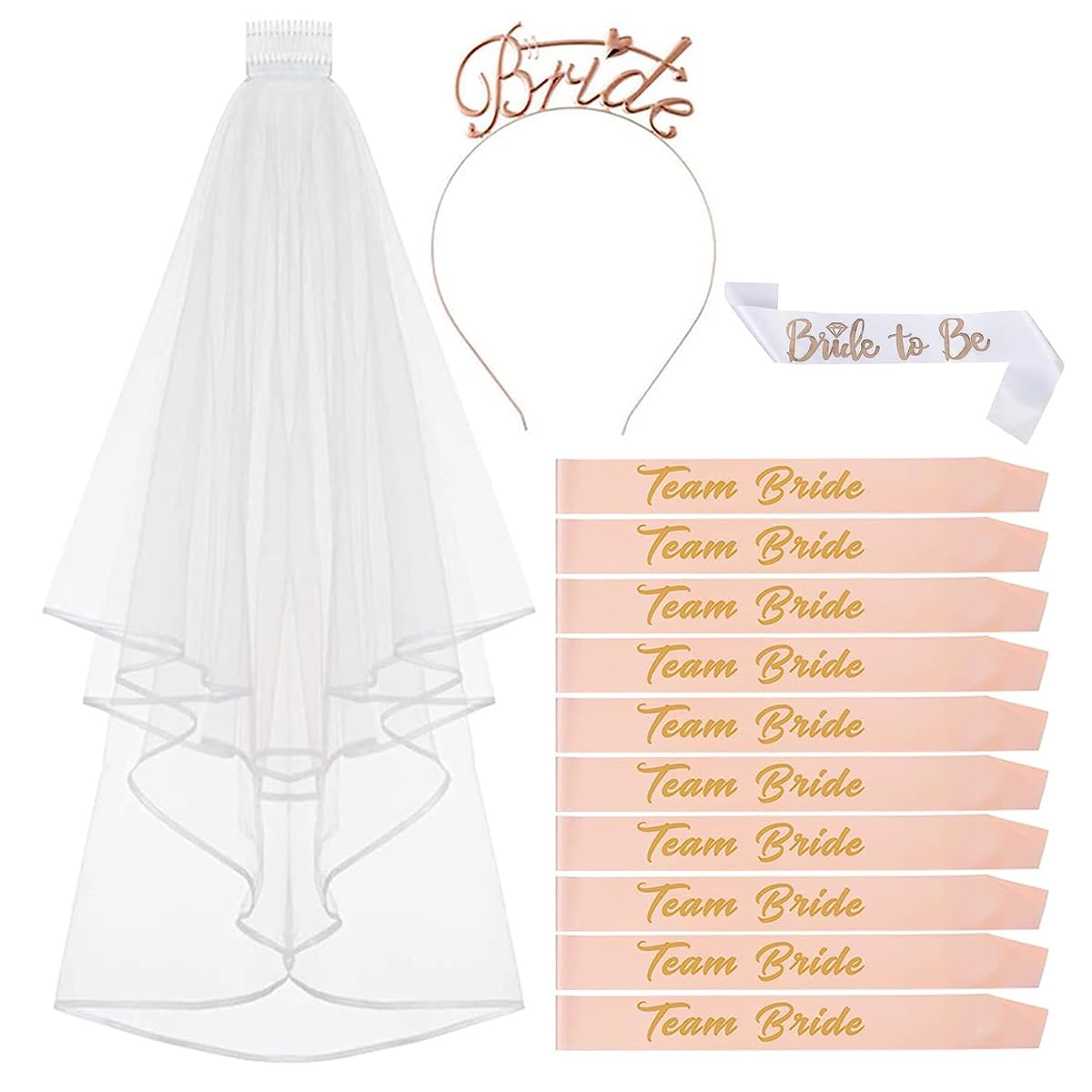 PALAY Bride to Be Decoration Set Combo, Include 1 Bride to be Sash, 10 Team Bride Sash, Headband Tiara and Veil, Bachelorette Party Supplies Bridal Shower Games Accessories Kit PALAY Bride to Be Decoration Set Combo, Include 1 Bride to be Sash, 10 Team Bride Sash, Headband Tiara and Veil, Bachelorette Party Supplies Bridal Shower Games Accessories Kit